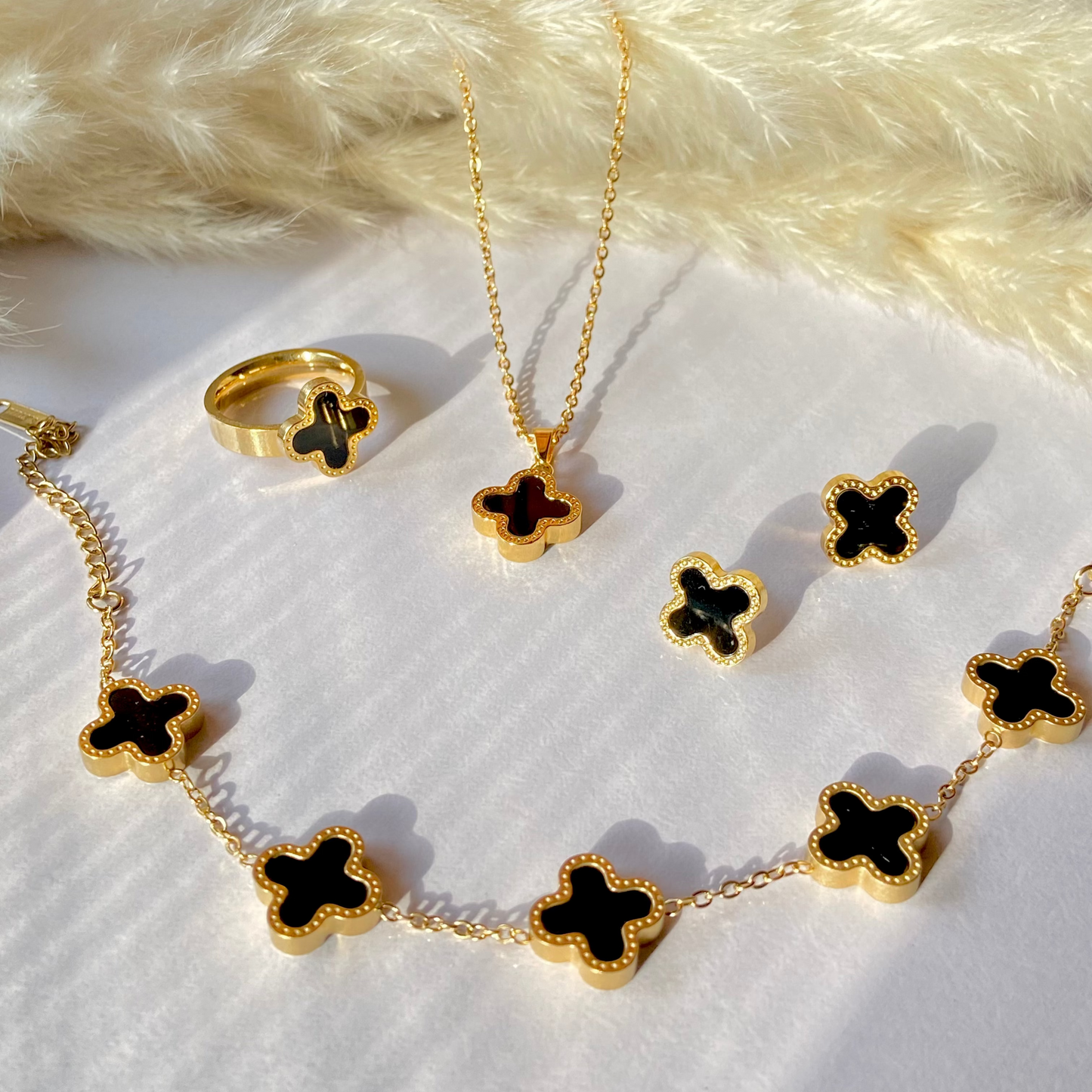 Black Clover Bracelet, Necklace, Studs & Ring Set