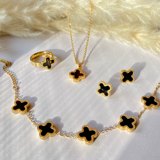 Black Clover Bracelet, Necklace, Studs & Ring Set