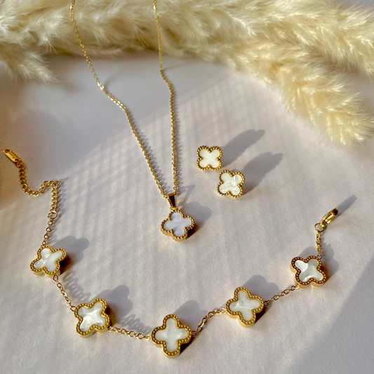 White Clover Necklace, Bracelet & Earrings Set