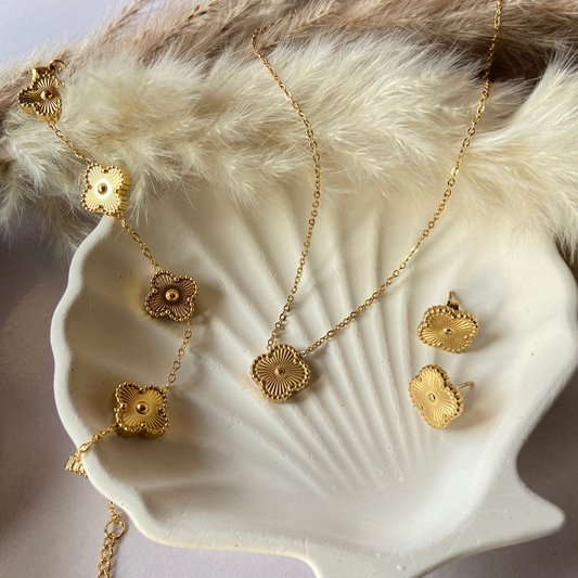 Golden Clover Necklace, Studs & Bracelet Set