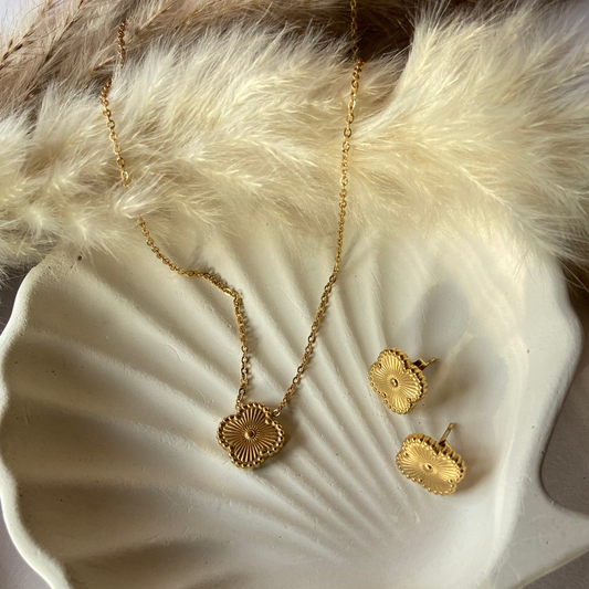 Gold Toned Clover Necklace & Earrings