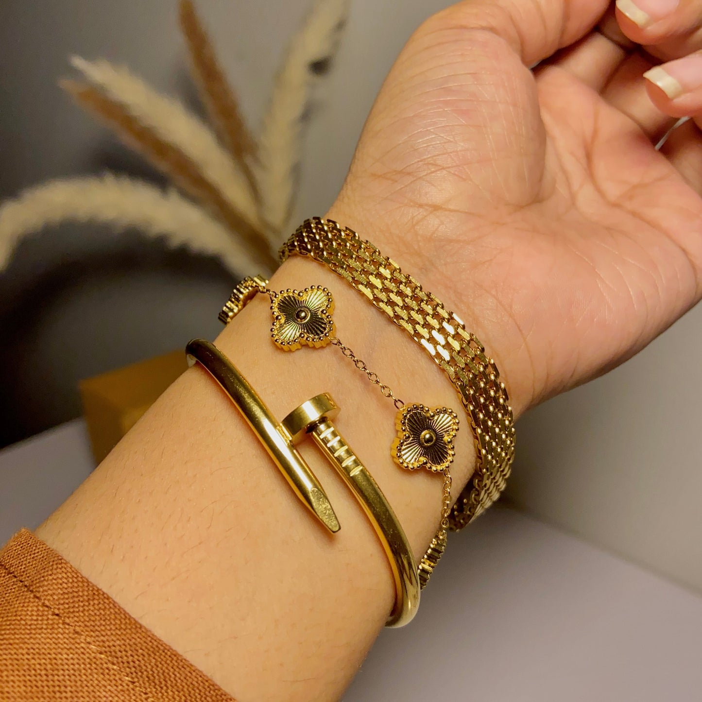 Stack Of Golden Clover, Cartier Nail & Grace Bracelet ( Pack of 3)