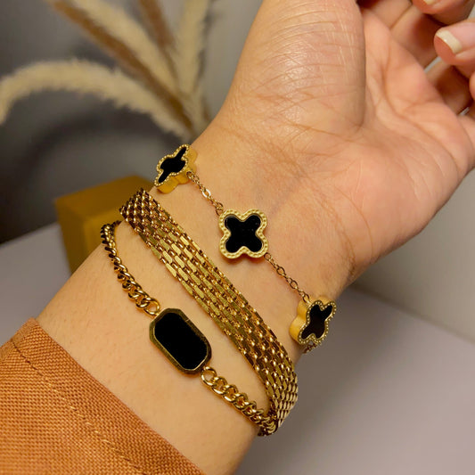 Stack Of Golden Grace, Black Clover & Tag Bracelets ( Pack of 3)