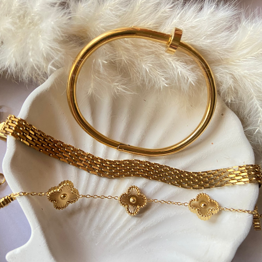 Stack Of Golden Clover, Cartier Nail & Grace Bracelet ( Pack of 3)